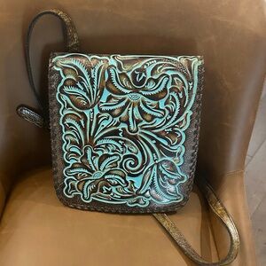 Patricia Nash Aqua and Brown Floral Crossbody Bag